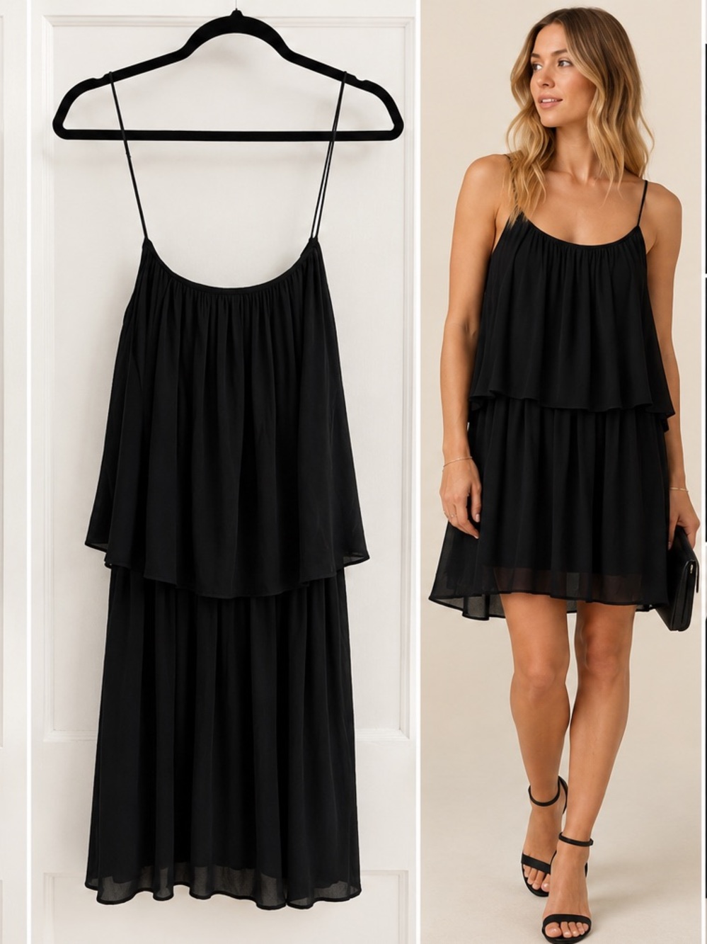 Black Spaghetti-Strap Layered Women's Dress